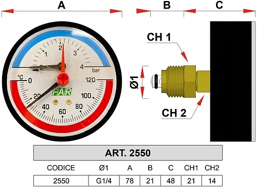 Термоманометр аксиальный Far 80мм 6 бар 120°С ½&quot; FA 2550P10 12