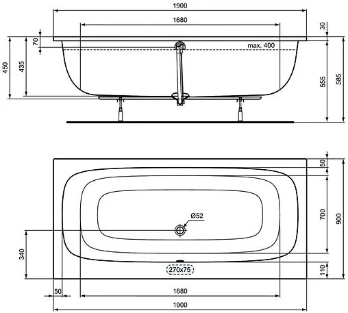 Ванна акриловая Ideal Standard i.life Duo 190х90 T476501