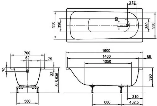 Ванна стальная Kaldewei Eurowa 160x70 mod. 311-1 белый 119712030001