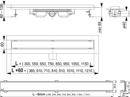 Лоток душевой 950мм h=65мм 0.58л/сек AlcaPlast APZ106-950 Professional Low