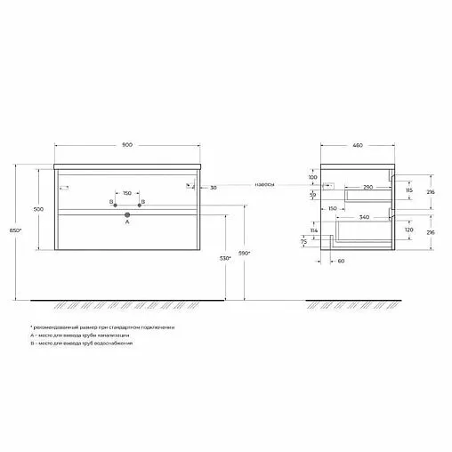 Тумба-умывальник подвесная BelBagno KRAFT 90 Cemento Grigio KRAFT-900-2C-SO-CG+