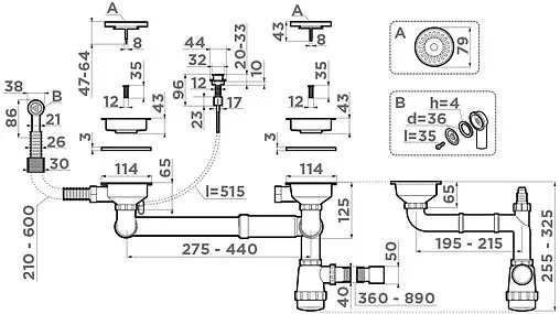 Сифон бутылочный для двойной мойки с переливом Omoikiri WK-1.5-CL-R-A-AB 4957093