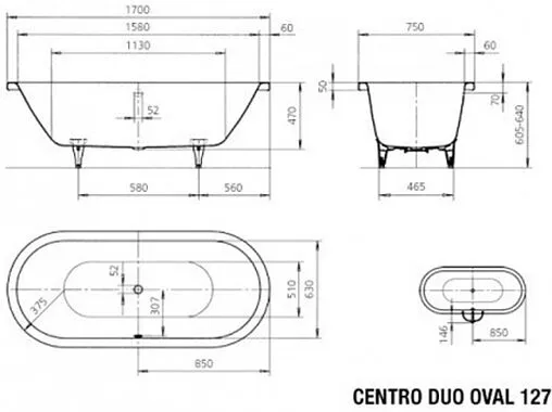 Ванна стальная Kaldewei Centro Duo Oval 170x75 mod. 127 anti-slip (полный)+easy-clean белый 282734013001