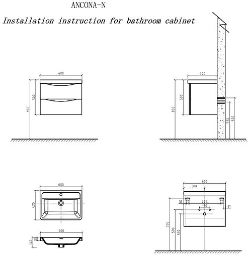 Тумба-умывальник подвесная BelBagno ANCONA-N 60 Rovere Bianco ANCONA-N-600-2C-SO-WO+EA-600-LVB