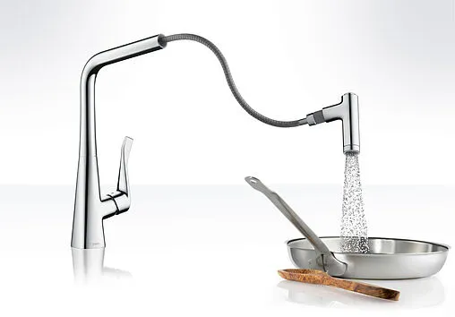 Смеситель для кухни с выдвижным изливом Hansgrohe Metris M71 320 2jet под сталь 14820800