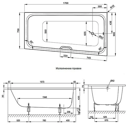 Ванна стальная Bette Space M 170х90 R anti-slip Sense белый 1141-000 AS