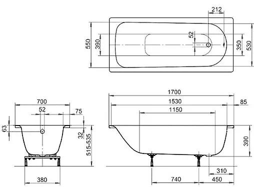 Ванна стальная Kaldewei Eurowa 170x70 mod. 312-1 белый 119812030001