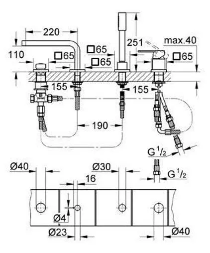 Смеситель на борт ванны на 4 отверстия Grohe Quadra хром 19579000