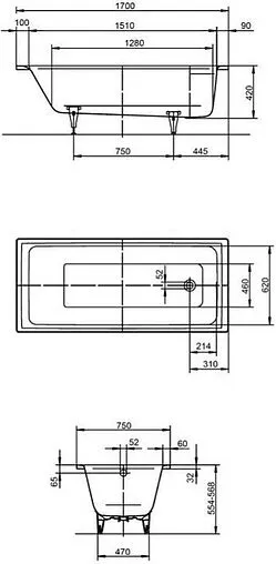 Ванна стальная Kaldewei Puro 170x75 mod. 652 anti-slip+easy-clean белый 256230003001